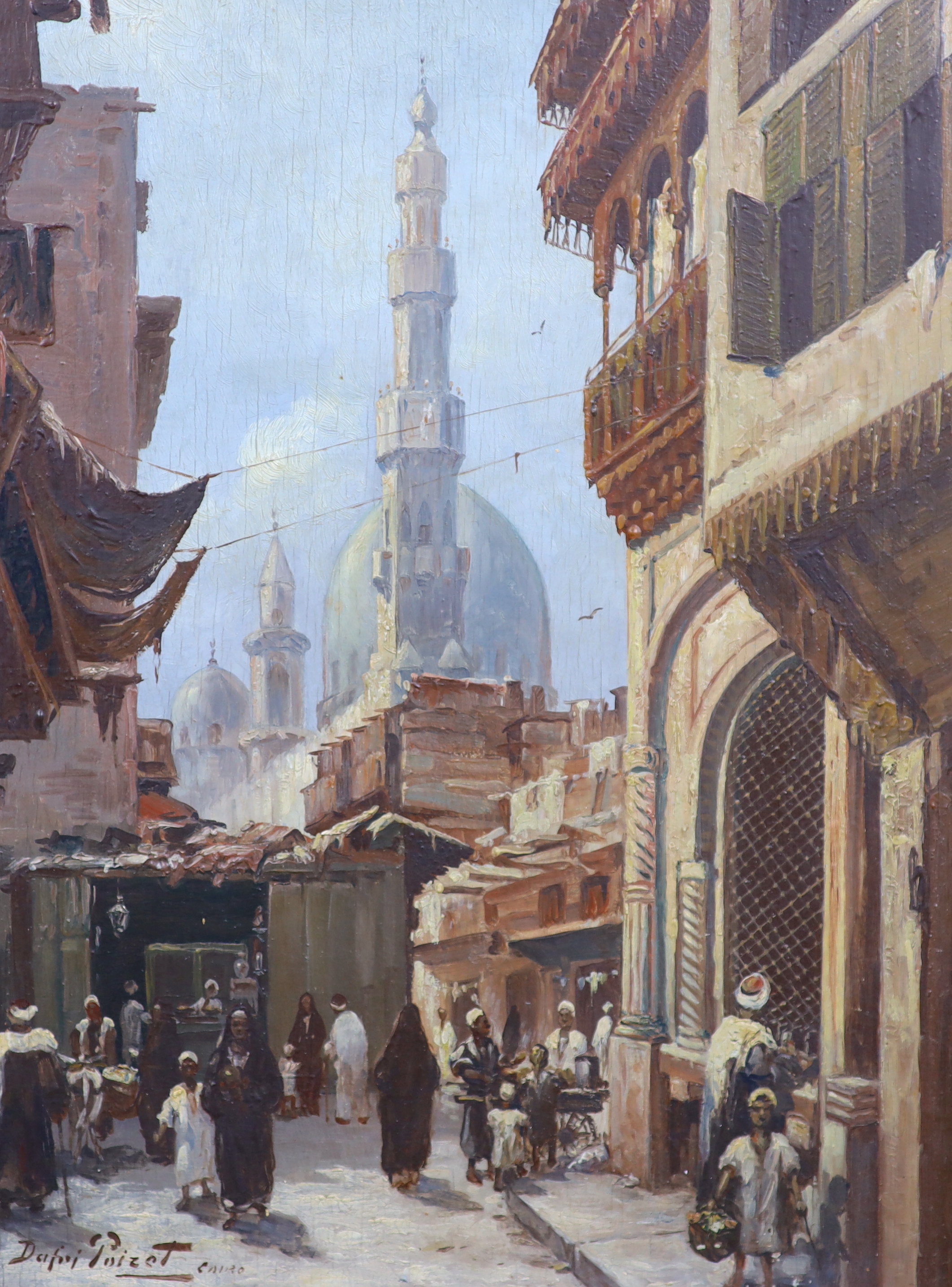 Dafni Poizet (20th. C), oil on board, Cairo street scene with figures, signed and inscribed, 40 x 31cm
